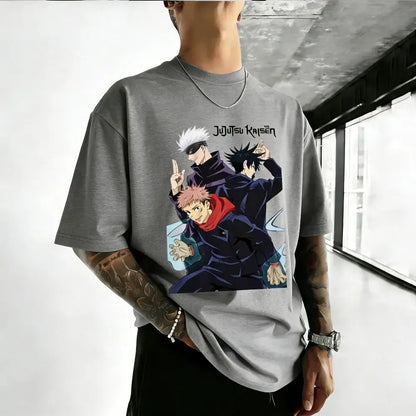 Gray cotton unisex t-shirt featuring vibrant jujutsu kaisen satoru gojo anime characters in dynamic poses