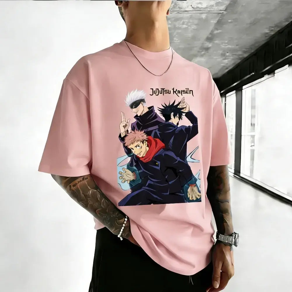 Pink short-sleeved cotton t-shirt featuring jujutsu kaisen satoru gojo graphic print in dark blue black and red accents