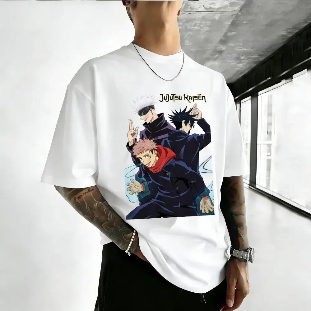 White cotton jujutsu kaisen satoru gojo t-shirt with vibrant graphic of three anime characters in dynamic poses
