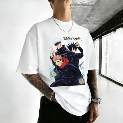 White cotton jujutsu kaisen satoru gojo t-shirt with vibrant graphic of three anime characters in dynamic poses