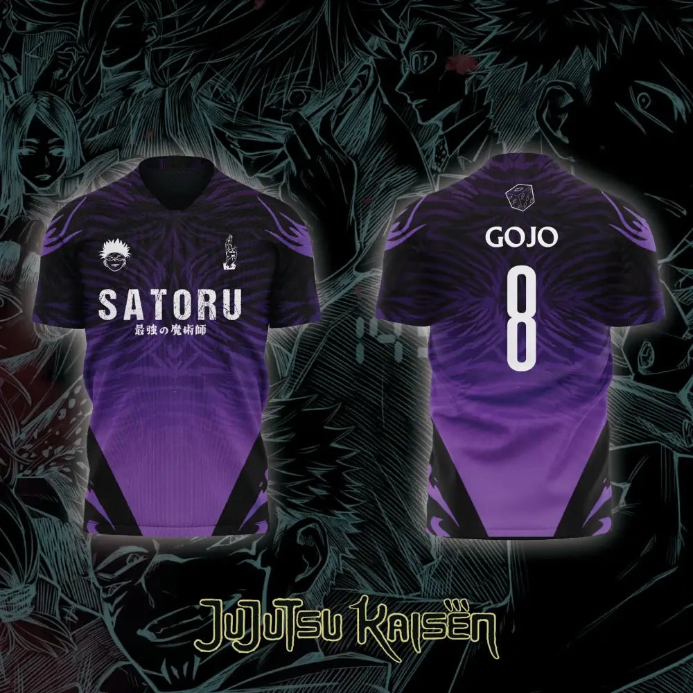 Purple and black gradient v-neck jujutsu kaisen satoru gojo football jersey with white text and anime graphics