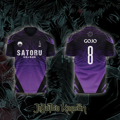 Purple and black gradient v-neck jujutsu kaisen satoru gojo football jersey with white text and anime graphics