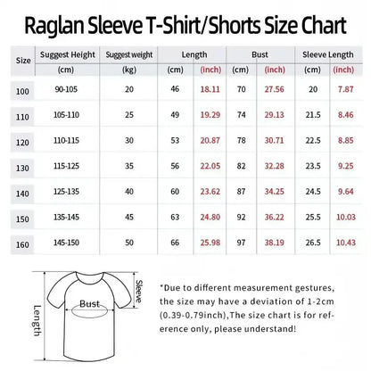 Size chart for jujutsu kaisen satoru gojo raglan sleeve t-shirt and shorts with measurements in cm and inches for sizes 100-160
