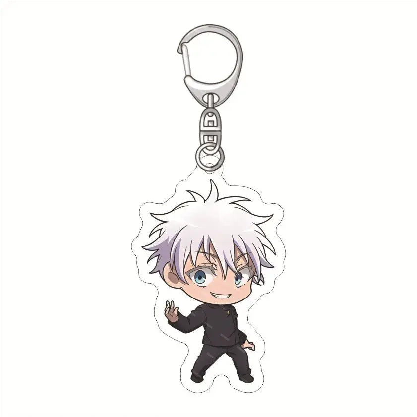 Silver-toned acrylic satoru gojo keychain pendant featuring chibi character with spiky white hair and blue eyes in black attire