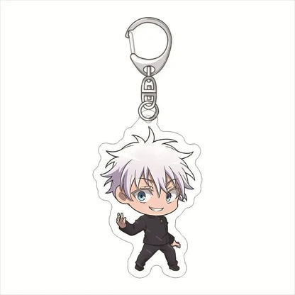Silver-toned acrylic satoru gojo keychain pendant featuring chibi character with spiky white hair and blue eyes in black attire