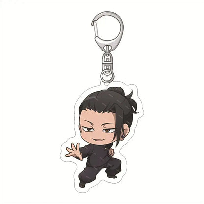 Black chibi satoru gojo keychain pendant with transparent acrylic body and silver metal clip for jujutsu kaisen fans