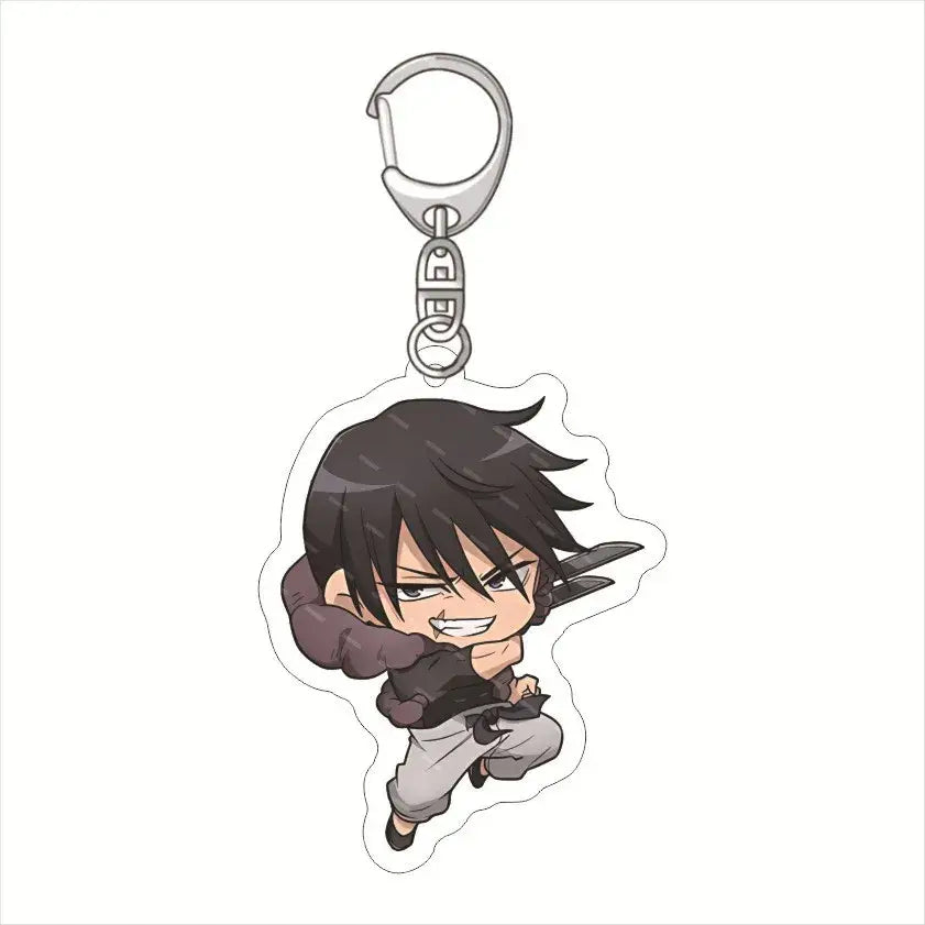 Chibi-style satoru gojo keychain pendant in gray outfit with dark brown scarf attached to silver-toned metal clip