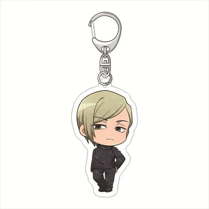 Chibi-style satoru gojo keychain pendant featuring a blonde character in black outfit with silver metal clip acrylic charm