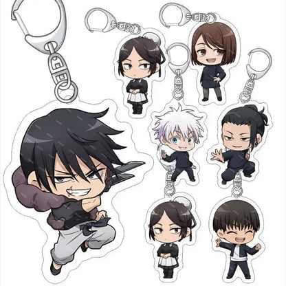 Set of satoru gojo keychain pendants featuring chibi black and white figures with silver metal clasps in q edition
