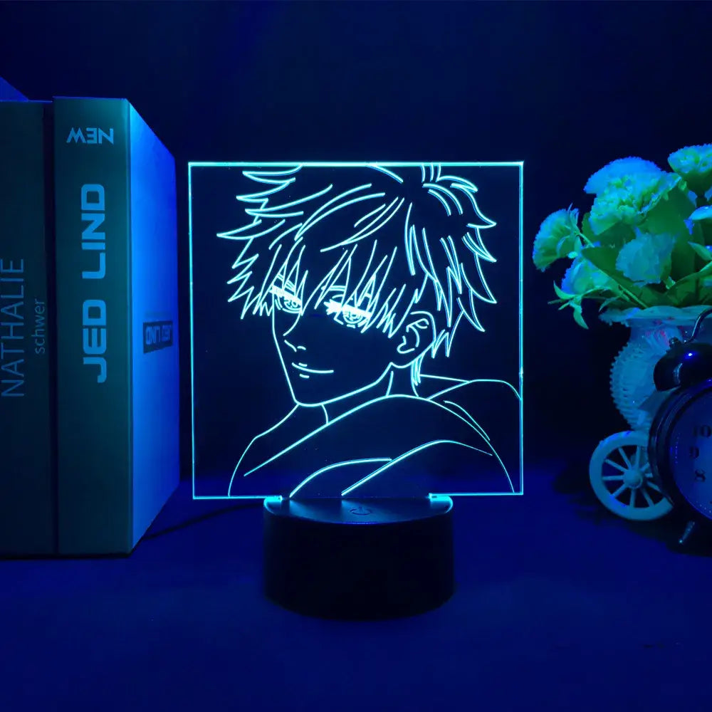 Blue neon-lit jujutsu kaisen satoru gojo acrylic led night light with finger touch and remote control features