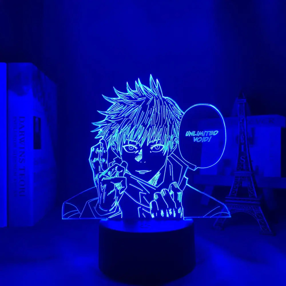 Blue-lit acrylic jujutsu kaisen satoru gojo night light with finger touch and remote control featuring unlimited void text
