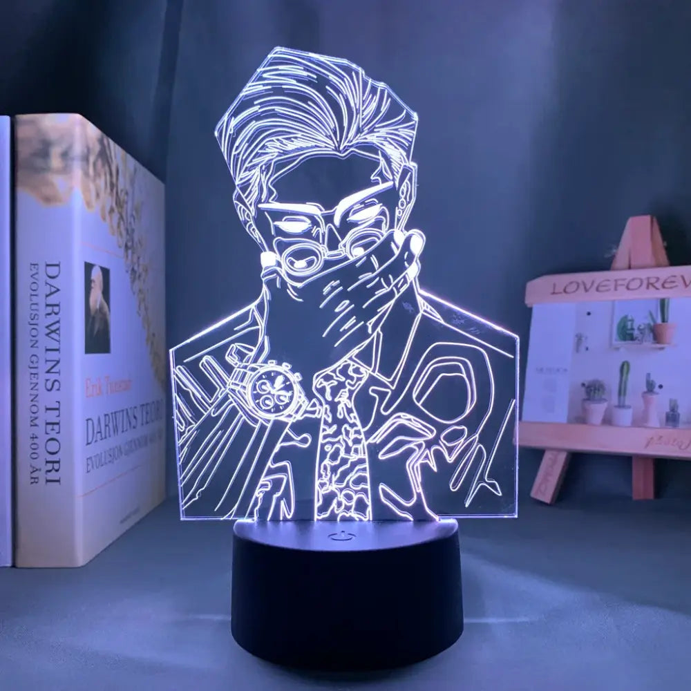 Glowing white acrylic jujutsu kaisen satoru gojo led night light with stylized portrait and finger touch remote control