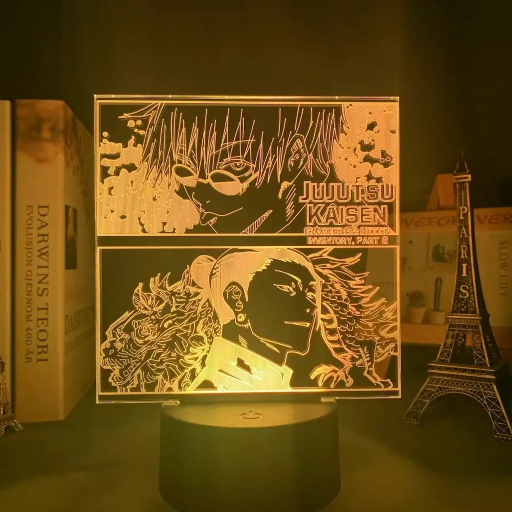 Golden-lit acrylic jujutsu kaisen satoru gojo night light with intricate line art and finger touch remote control features