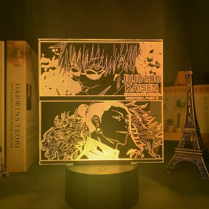 Golden-lit acrylic jujutsu kaisen satoru gojo night light with intricate line art and finger touch remote control features
