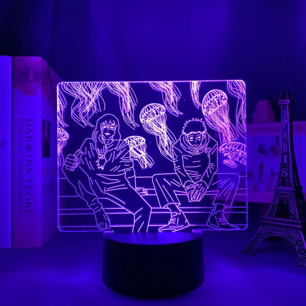 Purple-lit acrylic jujutsu kaisen satoru gojo led night light with finger touch and remote control features