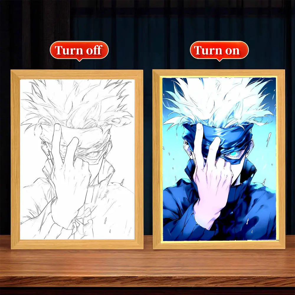 Blue and white jujutsu kaisen satoru gojo photo frame lamp in wooden frame creates warm bedroom glow wall art