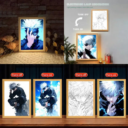 Golden-framed jujutsu kaisen photo frame lamp with led light-up canvas of satoru gojo for warm bedroom glow