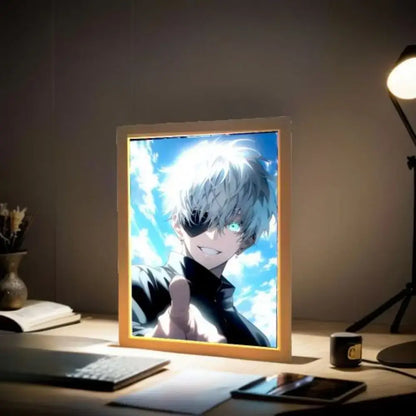 A glowing wooden-framed led photo frame lamp with jujutsu kaisen satoru gojo for warm bedroom glow
