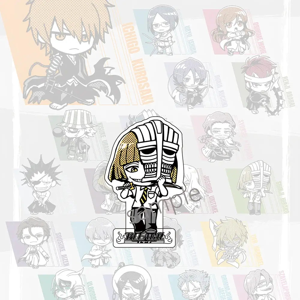 A chibi ichigo kurosaki enamel pin with mask and sword featuring a jujutsu kaisen clear acrylic stand design