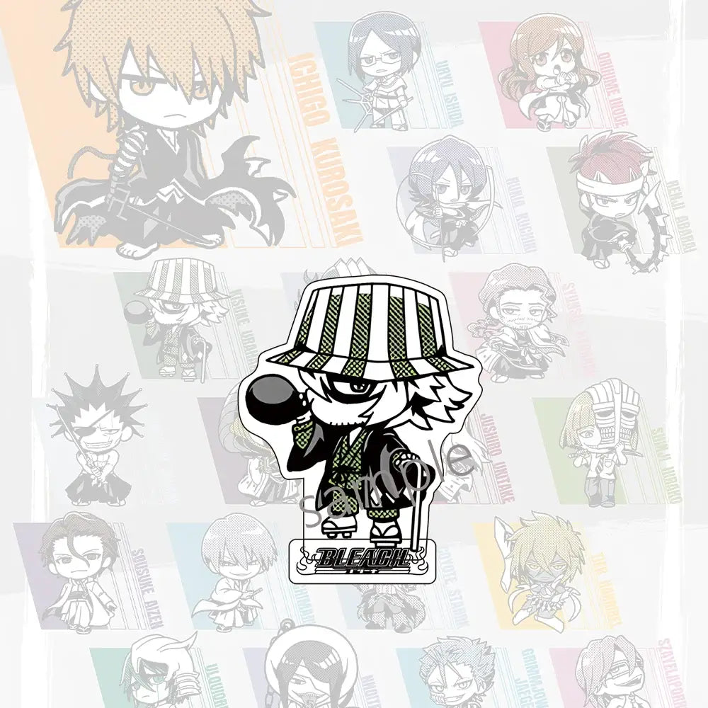 Jujutsu kaisen acrylic stand featuring a black and white striped hat anime character pin with bleach branding at the base