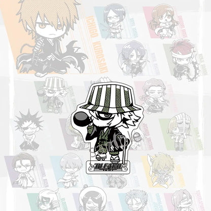 Jujutsu kaisen acrylic stand featuring a black and white striped hat anime character pin with bleach branding at the base