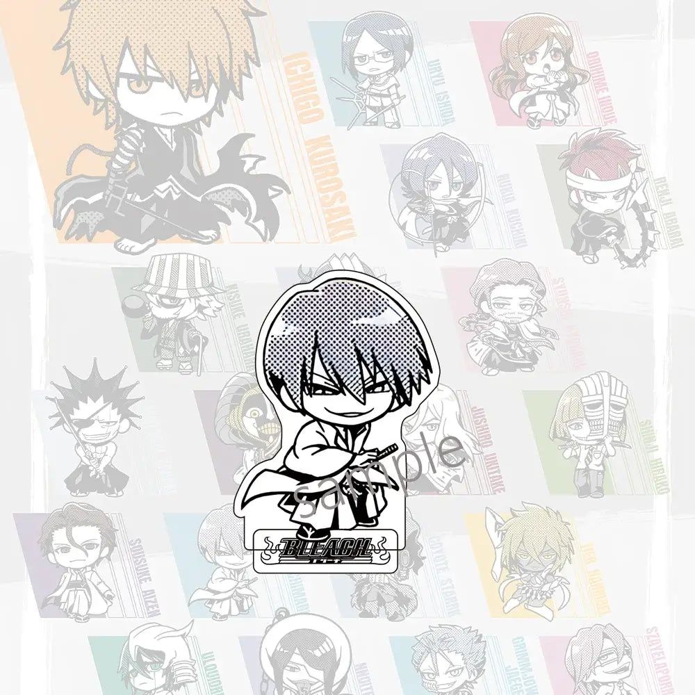 Black and white chibi-style ichigo kurosaki acrylic stand with sword and bleach logo for jujutsu kaisen acrylic stand collection