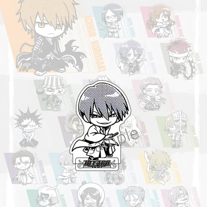 Black and white chibi-style ichigo kurosaki acrylic stand with sword and bleach logo for jujutsu kaisen acrylic stand collection