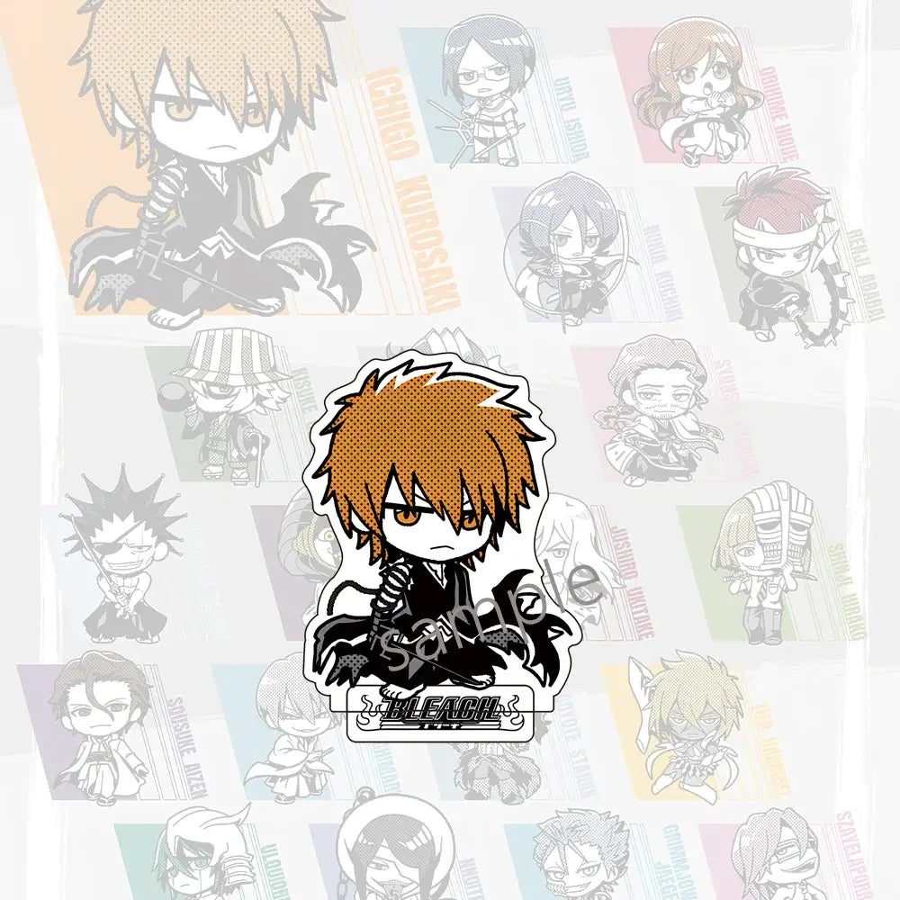 Orange-haired chibi ichigo kurosaki acrylic standee from bleach styled as a jujutsu kaisen acrylic stand clear acrylic material