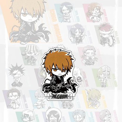 Orange-haired chibi ichigo kurosaki acrylic standee from bleach styled as a jujutsu kaisen acrylic stand clear acrylic material