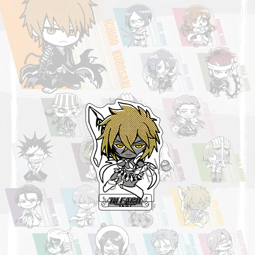 Jujutsu kaisen acrylic stand featuring a yellow-haired chibi character pin with black and white design and bleach logo
