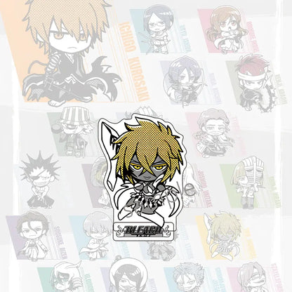 Jujutsu kaisen acrylic stand featuring a yellow-haired chibi character pin with black and white design and bleach logo