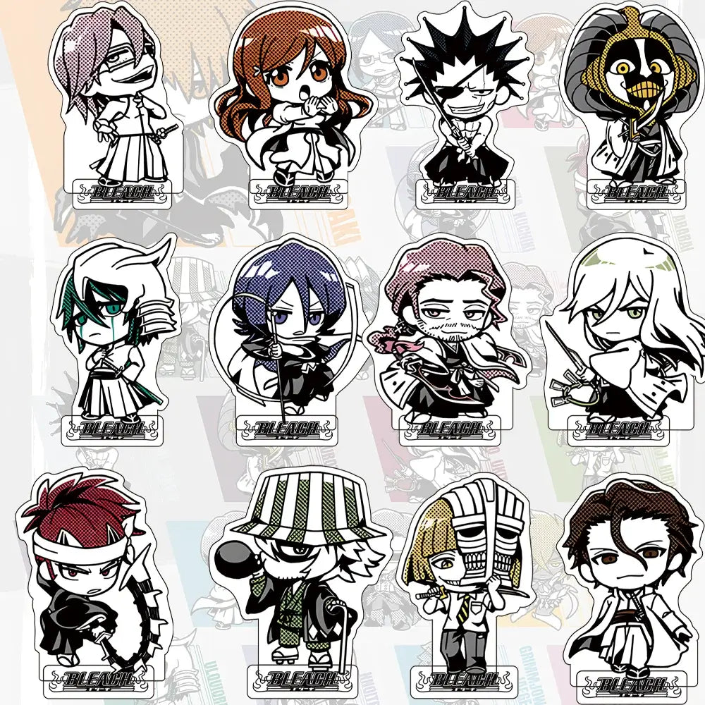Chibi-style jujutsu kaisen acrylic stands with colorful characters on clear acrylic bases for collectible display