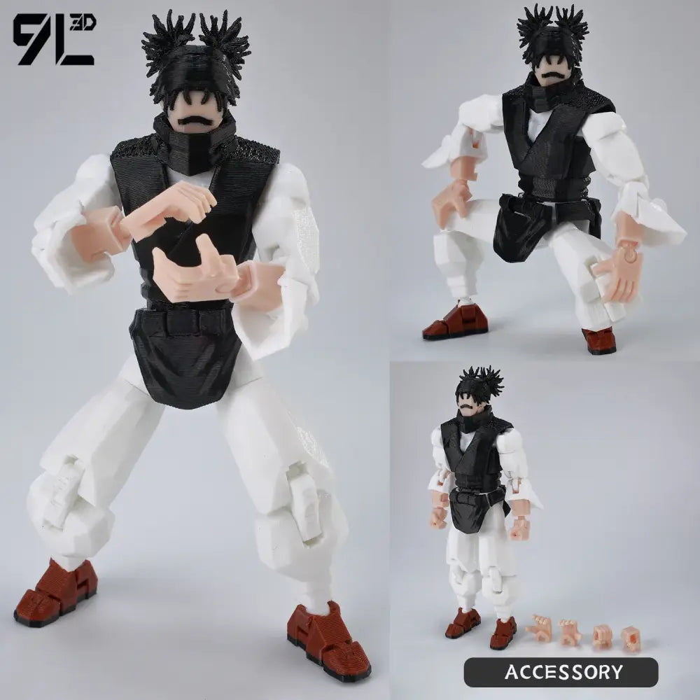 Black and white jujutsu kaisen sukuna action figure with spiky hair and detailed armor-like vest 3d printed movable