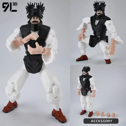 Black and white jujutsu kaisen sukuna action figure with spiky hair and detailed armor-like vest 3d printed movable