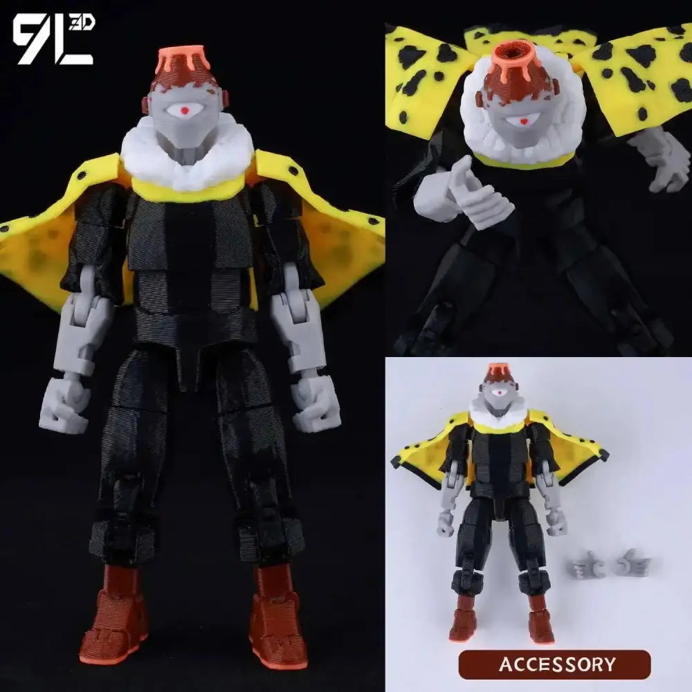 Jujutsu kaisen sukuna action figure 3d printed movable with black yellow body white ruff orange helmet gray limbs brown boots