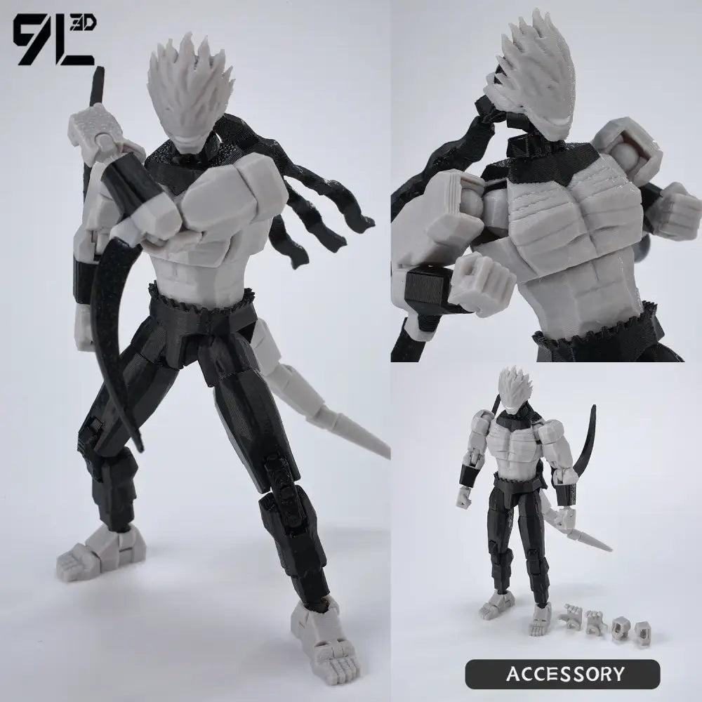 Black and gray jujutsu kaisen sukuna action figure with spiky white hair and detailed 3d printed movable armor