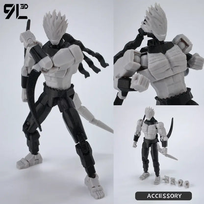 Black and gray jujutsu kaisen sukuna action figure with spiky white hair and detailed 3d printed movable armor