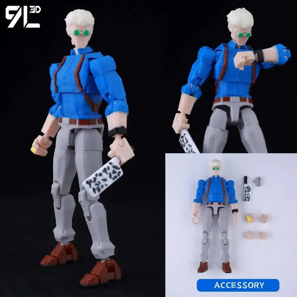 Blue and gray 3d-printed jujutsu kaisen sukuna action figure with white hair green eyes brown belt and red boots