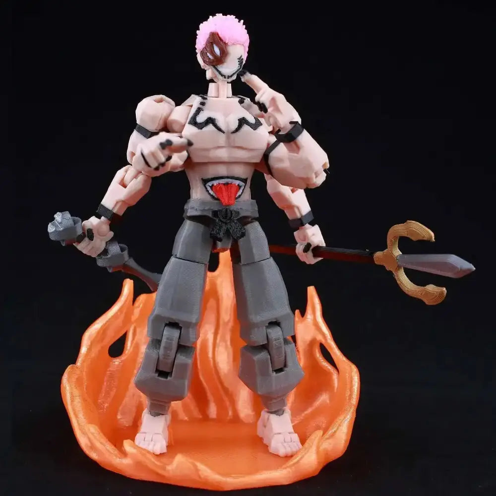 Jujutsu kaisen sukuna action figure with pink hair and black red detailing on a fiery orange base 3d printed movable