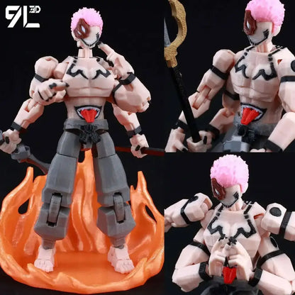 Jujutsu kaisen sukuna action figure with pink hair black tribal markings and red flame-themed base 3d printed movable