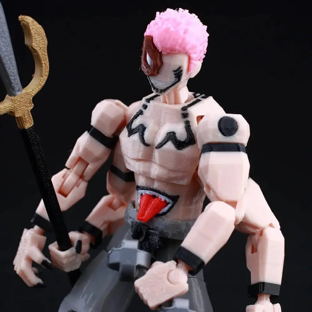 Jujutsu Kaisen Sukuna 3d printed action figure with pink hair, black tribal markings, and red tongue detail