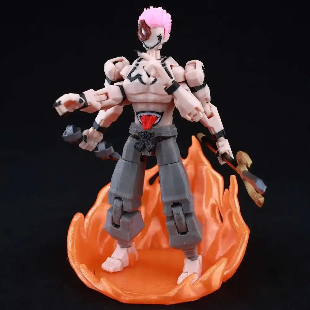 Jujutsu kaisen sukuna action figure with pink hair black and red detailing on a fiery orange base 3d printed movable
