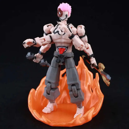 Jujutsu kaisen sukuna action figure with pink hair black and red detailing on a fiery orange base 3d printed movable