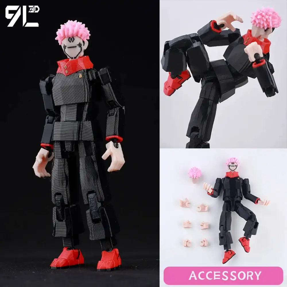 Jujutsu kaisen sukuna action figure with pink spiky hair black and red articulated suit 3d printed movable toy
