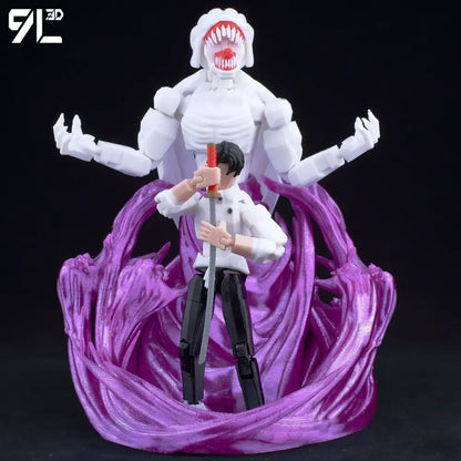 White articulated jujutsu kaisen sukuna action figure holding sword with 3d printed movable skeletal monster base