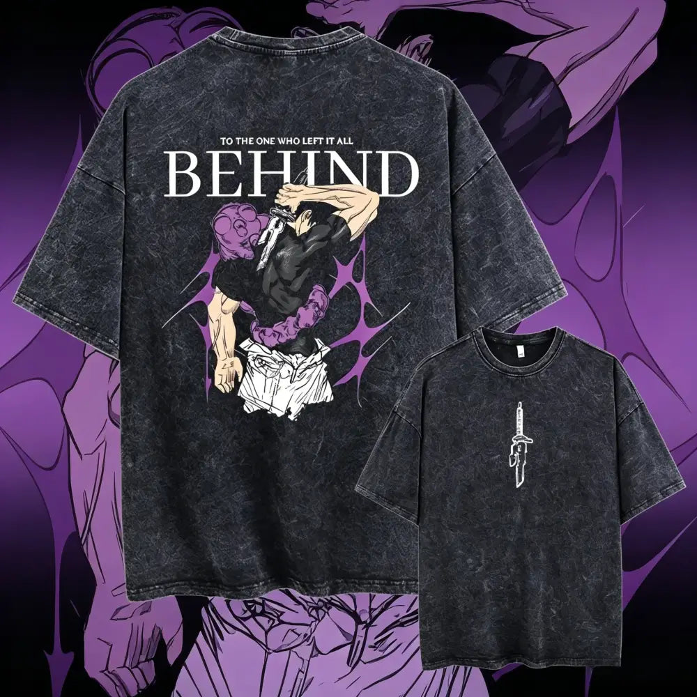 Black distressed washed cotton t-shirt showing the back with a white jujutsu kaisen toji fushiguro anime graphic