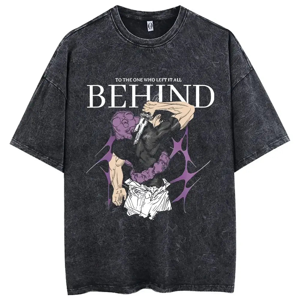 Black distressed washed cotton t-shirt with toji fushiguro anime graphic and purple accents from jujutsu kaisen