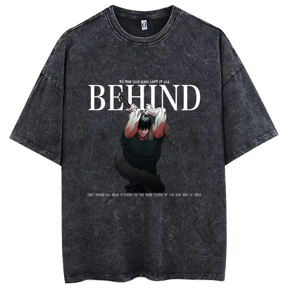 Black distressed jujutsu kaisen toji fushiguro printed tee with sword graphic and behind text in washed cotton material