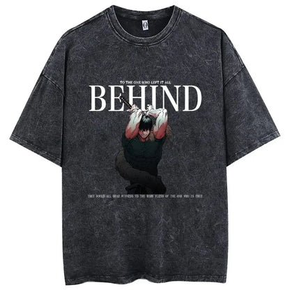 Black distressed jujutsu kaisen toji fushiguro printed tee with sword graphic and behind text in washed cotton material