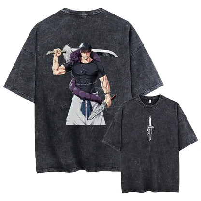 Black distressed jujutsu kaisen toji fushiguro printed tee in washed cotton showing large anime graphic on back